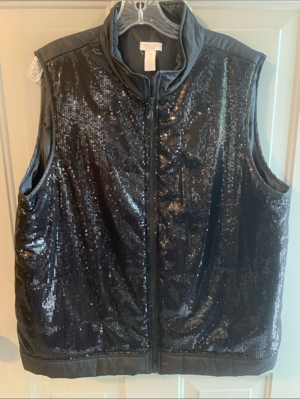 Chico's Weekends Black Sequin Sleeveless Puffer Vest Size 3 Like NEW Zip Front